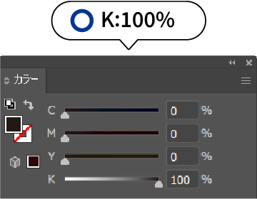 カラーパネルでK:100%に設定した状態