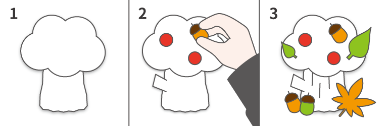 粘土にどんぐりや木の実をつける