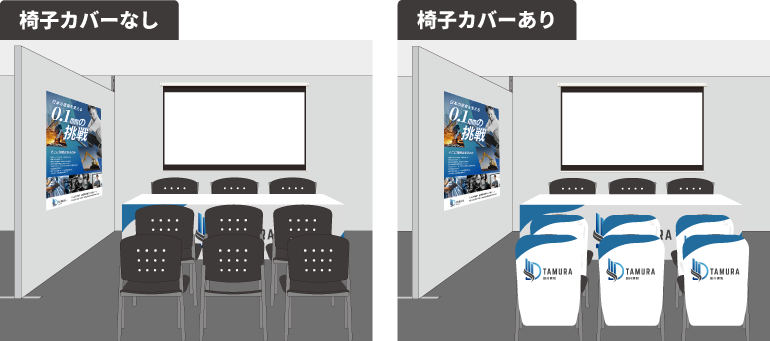 展示会ブースにおける椅子カバーの有無による印象の違い