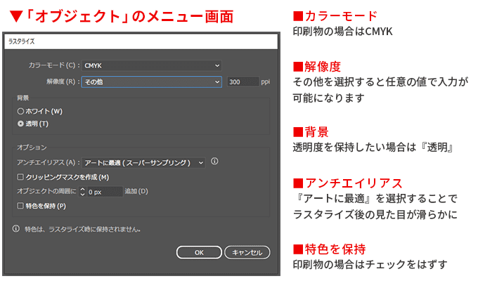 【Illustratorの操作画面】「オブジェクト」のラスタライズのメニュー画面