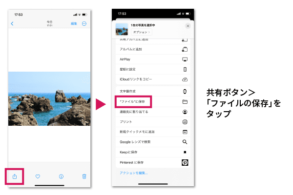 共有ボタンからファイルの保存をタップする