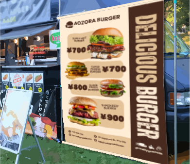 ハンバーガーメニューがデザインされたキッチンカータペストリー